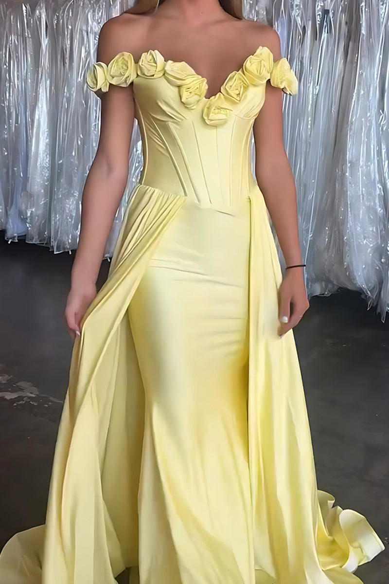 Load image into Gallery viewer, Yellow Floral Off the Shoulder Satin Long Corset Prom Dress with Cape