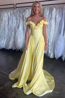 Load image into Gallery viewer, Yellow Floral Off the Shoulder Satin Long Corset Prom Dress with Cape
