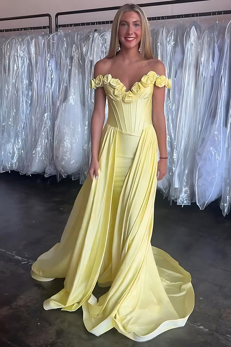 Load image into Gallery viewer, Yellow Floral Off the Shoulder Satin Long Corset Prom Dress with Cape