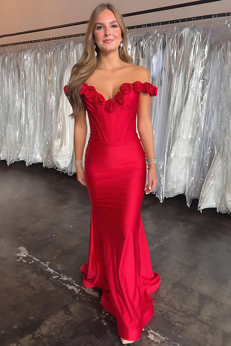 Load image into Gallery viewer, Floral Red Mermaid Satin Off the Shoulder Long Corset Prom Dress