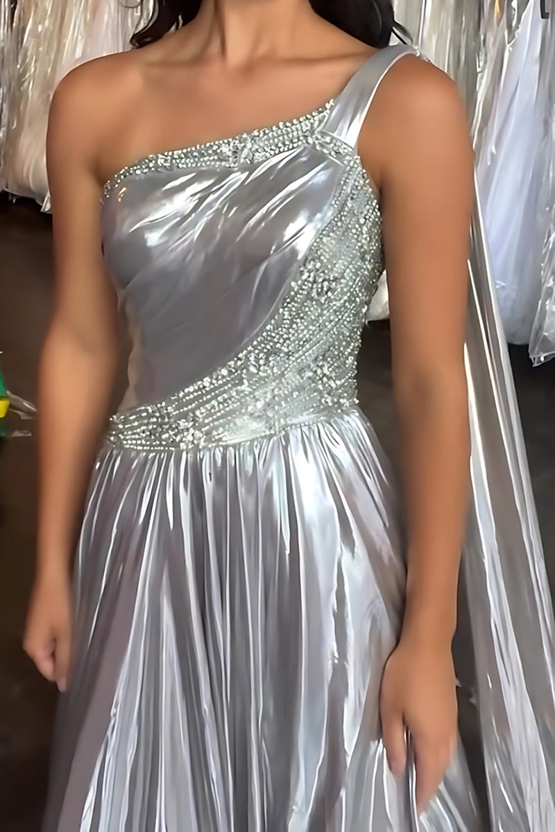 Load image into Gallery viewer, Sparkly Silver Metallic One Shoulder Beaded Long Prom Dress