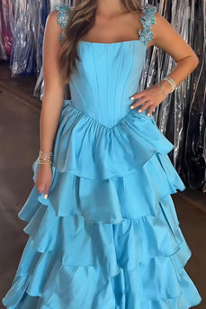 Sparkly Blue Satin A Line Ruffled Long Corset Prom Dress with Rhinestones