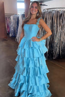 Load image into Gallery viewer, Sparkly Blue Satin A Line Ruffled Long Corset Prom Dress with Rhinestones