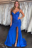 Load image into Gallery viewer, Sparkly Royal Blue Beaded Sheath Corset Long Prom Dress with Slit