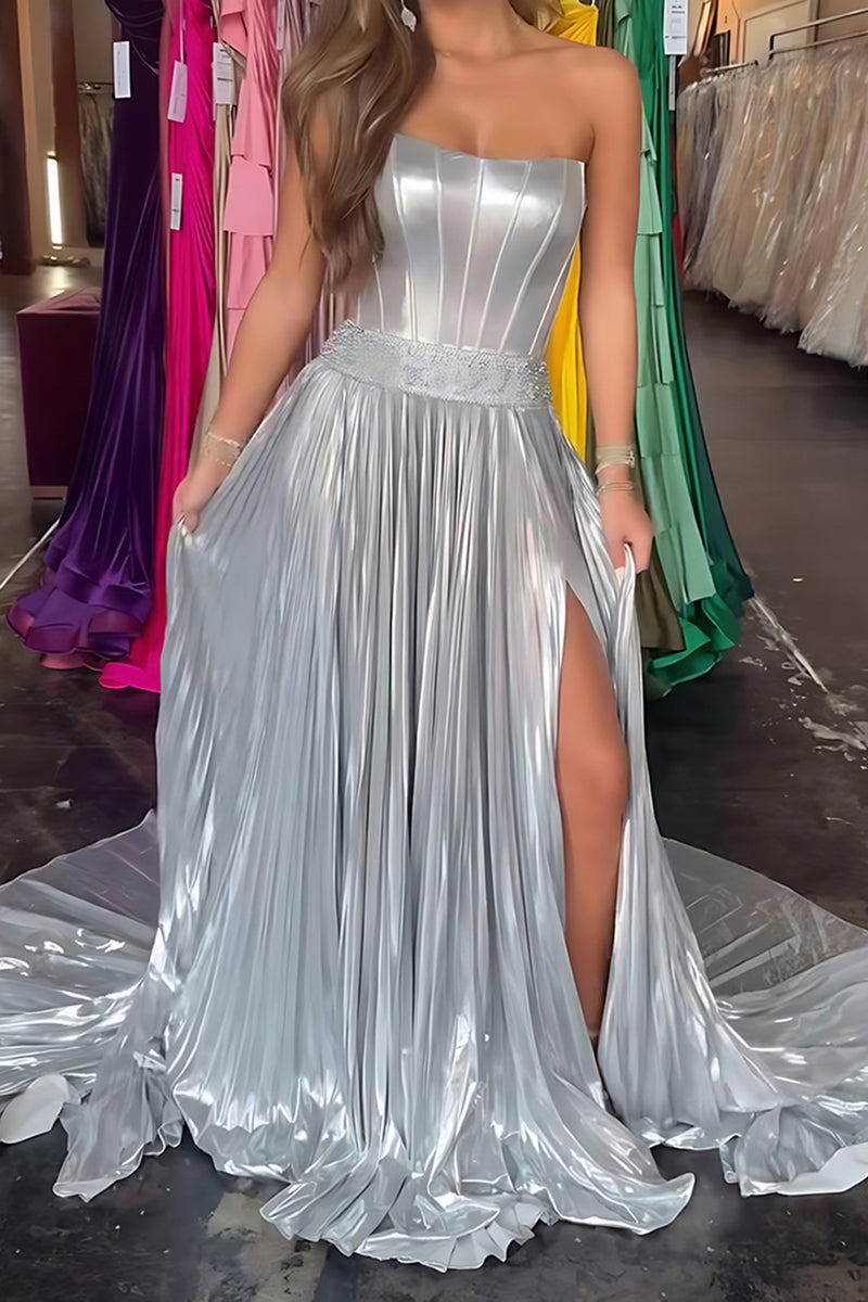 Load image into Gallery viewer, Sparkly Silver Metallic A Line Corset Long Prom Dress with Slit