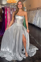 Load image into Gallery viewer, Sparkly Silver Metallic A Line Corset Long Prom Dress with Slit