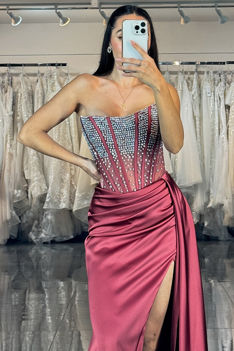 Load image into Gallery viewer, Sparkly Burgundy Satin Beaded Strapless Mermaid Long Prom Dress with Slit