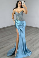 Load image into Gallery viewer, Sparkly Blue Satin Beaded Mermaid Corset Long Prom Dress with Rhinestones