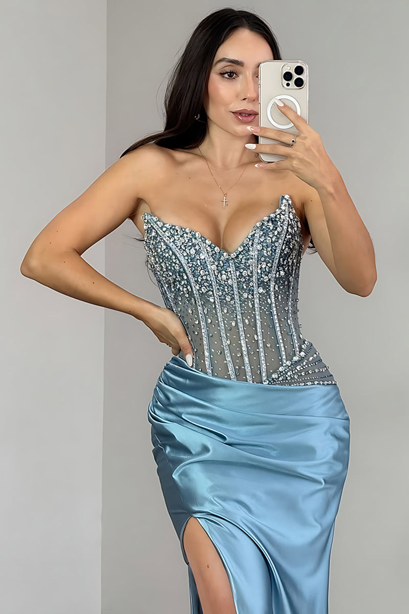 Load image into Gallery viewer, Sparkly Blue Satin Beaded Mermaid Corset Long Prom Dress with Rhinestones