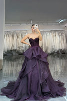 Load image into Gallery viewer, Women Sparkle Princess Dark Purple Long Corset Prom Dress with Ruffles Sweetheart Beaded A Line Formal Dress