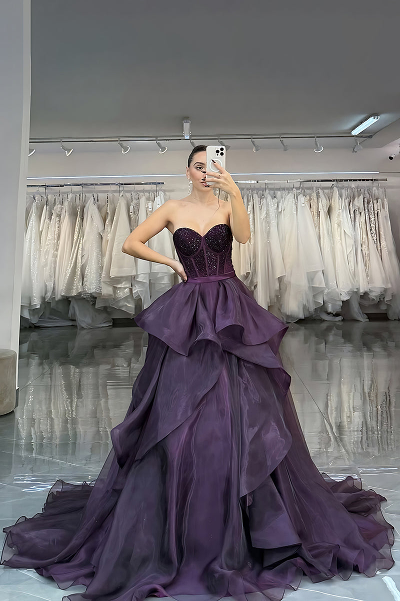Load image into Gallery viewer, Women Sparkle Princess Dark Purple Long Corset Prom Dress with Ruffles Sweetheart Beaded A Line Formal Dress