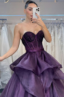 Load image into Gallery viewer, Sparkly Princess Dark Purple Beaded A Line Long Corset Prom Dress with Ruffles