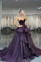 Load image into Gallery viewer, Sparkly Princess Dark Purple Beaded A Line Long Corset Prom Dress with Ruffles