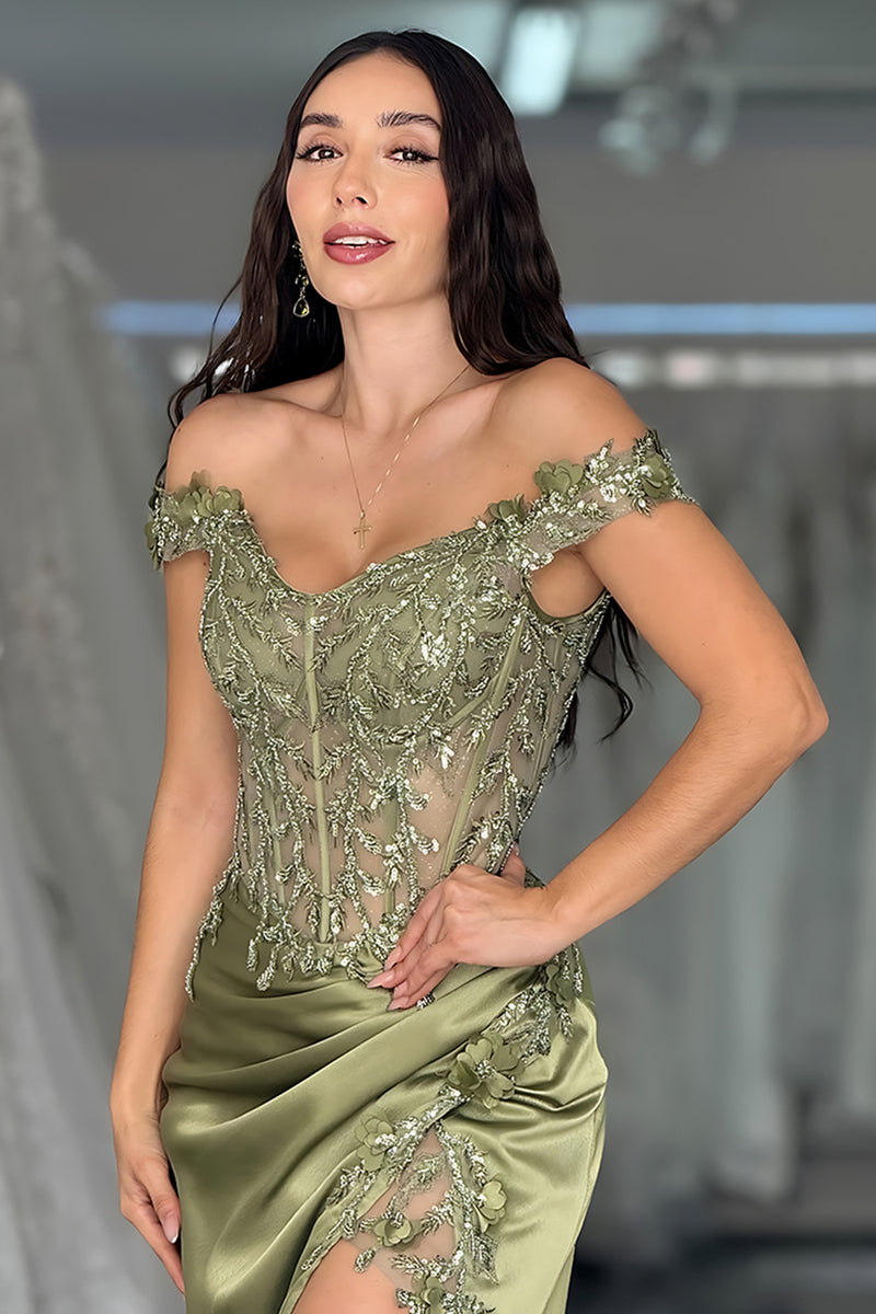 Load image into Gallery viewer, Green Satin Off the Shoulder Corset Long Prom Dress with Lace