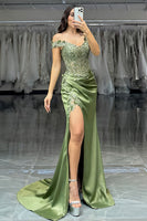 Load image into Gallery viewer, Green Satin Off the Shoulder Corset Long Prom Dress with Lace