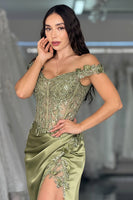 Load image into Gallery viewer, Green Satin Off the Shoulder Corset Long Prom Dress with Lace