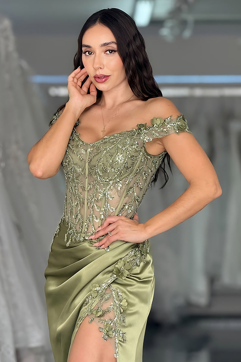 Load image into Gallery viewer, Green Satin Off the Shoulder Corset Long Prom Dress with Lace