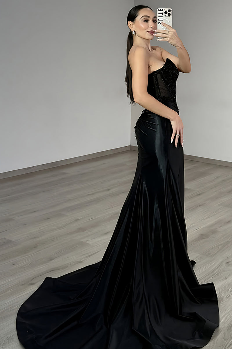Load image into Gallery viewer, Sparkly Black Mermaid Satin Beaded Long Corset Prom Dress with Lace