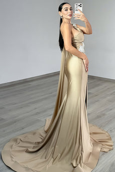 Sparkly Gold Mermaid One Shoulder Long Prom Dress with Slit