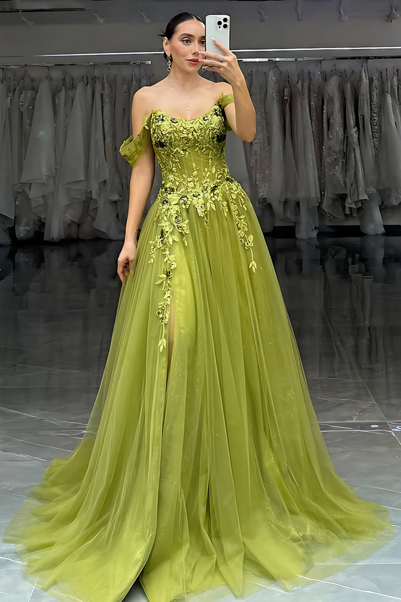 Load image into Gallery viewer, Green A-Line Off The Shoulder Long Corset Prom Dress with Lace