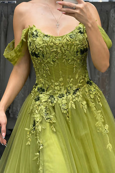 Green A-Line Off The Shoulder Long Corset Prom Dress with Lace