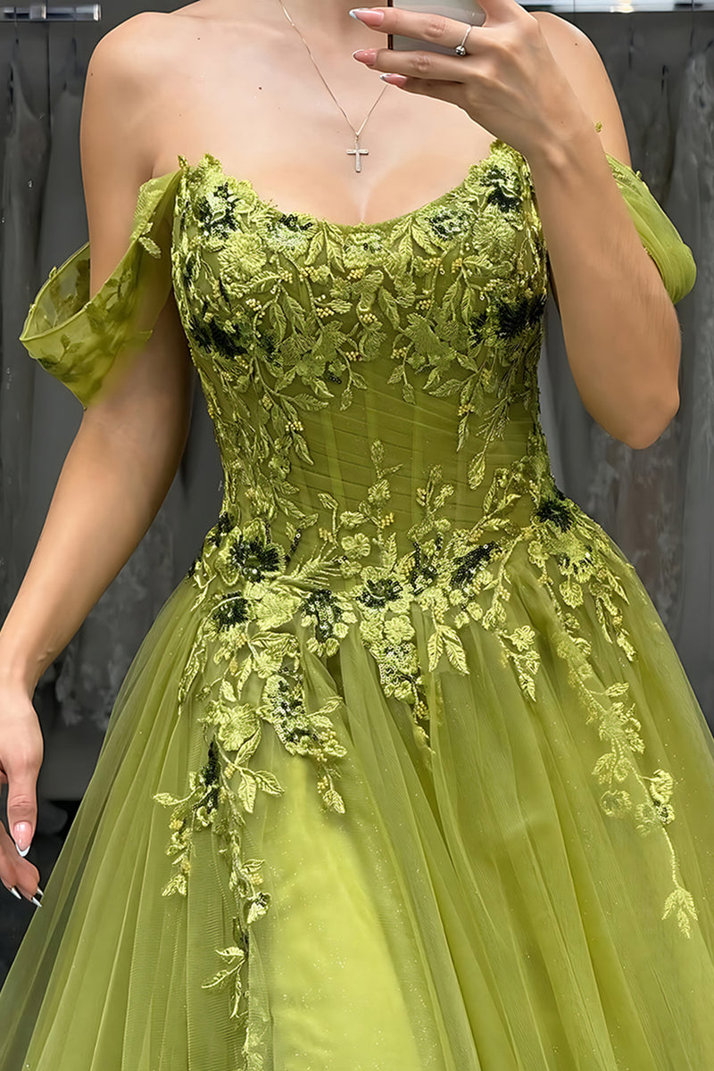 Load image into Gallery viewer, Green A-Line Off The Shoulder Long Corset Prom Dress with Lace