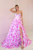 Load image into Gallery viewer, Sparkly Fuchsia Sweetheart Floral Tiered Long Corset Prom Dress with Slit