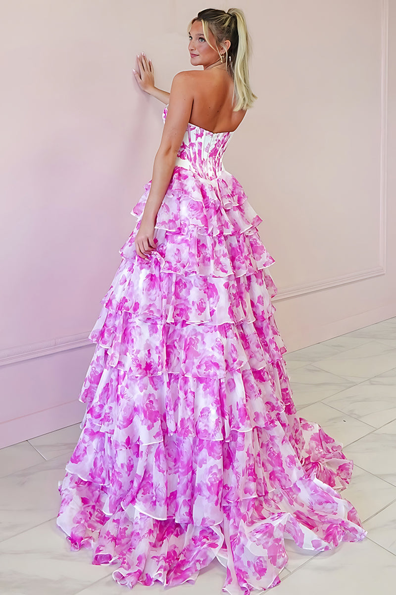 Load image into Gallery viewer, Sparkly Fuchsia Sweetheart Floral Tiered Long Corset Prom Dress with Slit