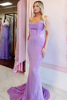 Load image into Gallery viewer, Sparkly Purple Corset Strapless Satin Mermaid Long Prom Dress