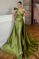 Load image into Gallery viewer, Green Satin One Shoulder Mermaid Long Prom Dress with Slit