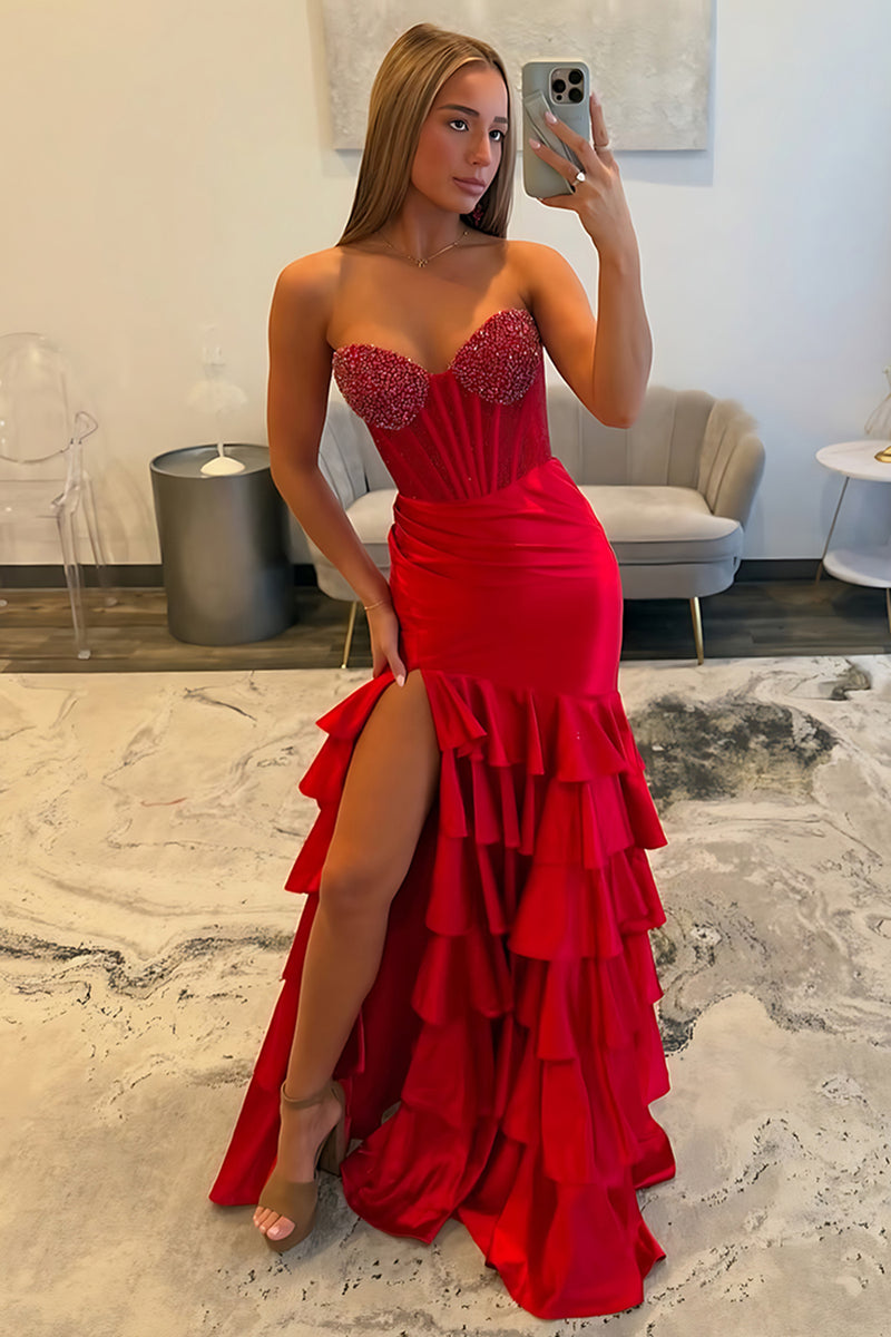 Load image into Gallery viewer, Sparkly Red Mermaid Sweetheart Beaded Ruffled Long Corset Prom Dress