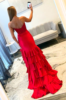 Sparkly Red Mermaid Sweetheart Beaded Ruffled Long Corset Prom Dress