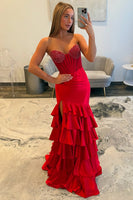 Load image into Gallery viewer, Sparkly Red Mermaid Sweetheart Beaded Ruffled Long Corset Prom Dress