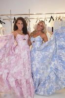 Load image into Gallery viewer, Blue Flower A-Line Spaghetti Straps Long Corset Prom Dress with Lace