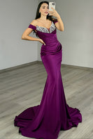 Load image into Gallery viewer, Sparkly Dark Purple Mermaid Satin Off the Shoulder Long Prom Dress with Rhinestone
