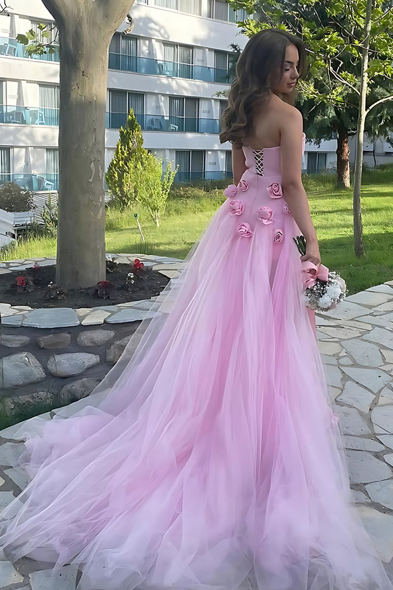 Load image into Gallery viewer, Pink Strapless Sheath 3D Flower Long Prom Dress with Slit