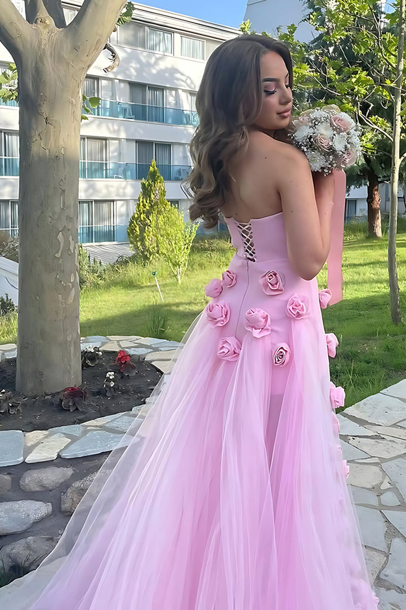 Load image into Gallery viewer, Pink Strapless Sheath 3D Flower Long Prom Dress with Slit