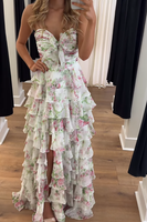 Load image into Gallery viewer, White Floral Tiered Ruffled Sweetheart Long Prom Dress with Slit