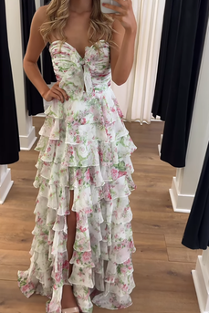 White Floral Tiered Ruffled Sweetheart Long Prom Dress with Slit