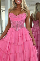 Load image into Gallery viewer, Blue Sweetheart A Line Tiered Long Corset Prom Dress with Ruffles