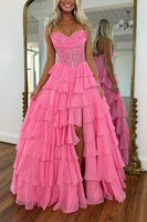 Load image into Gallery viewer, Blue Sweetheart A Line Tiered Long Corset Prom Dress with Ruffles