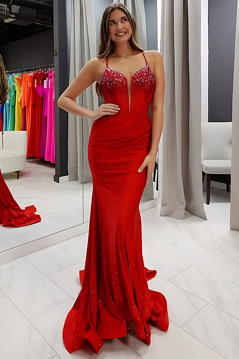 Load image into Gallery viewer, Sparkly Red Beaded Satin Mermaid Spaghetti Straps Long Corset Prom Dress