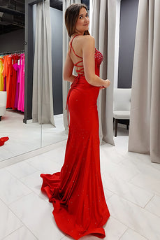 Sparkly Red Beaded Satin Mermaid Spaghetti Straps Long Corset Prom Dress