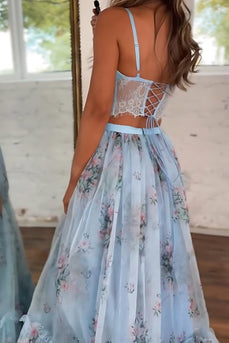 2 Piece Blue A Line Tulle Long Prom Dress with Lace