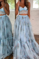 Load image into Gallery viewer, 2 Piece Blue A Line Tulle Long Prom Dress with Lace