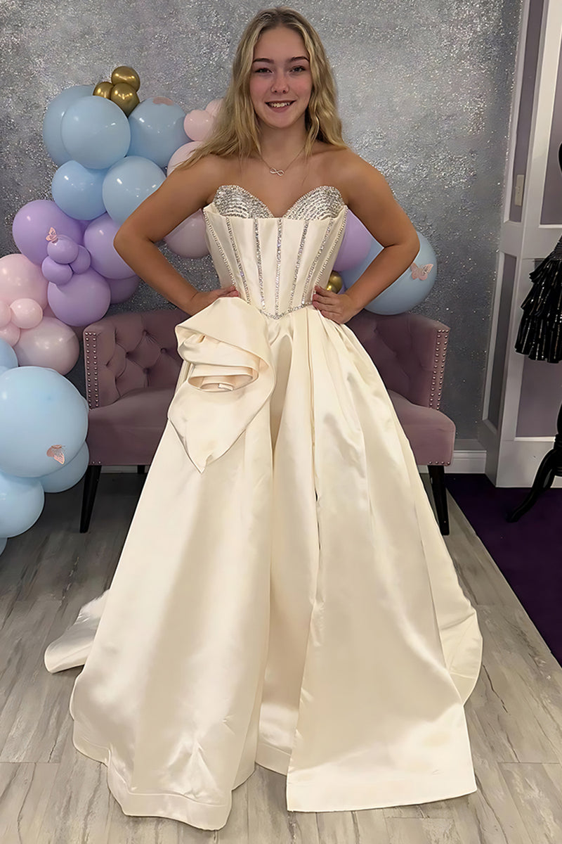 Load image into Gallery viewer, Sparkly Apricot Floral A Line Satin Long Prom Dress with Beading