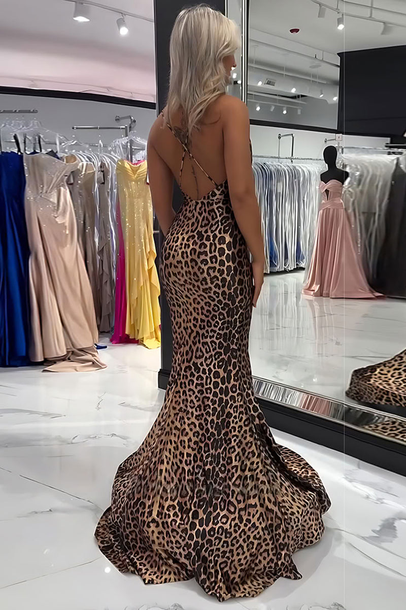 Load image into Gallery viewer, Brown Leopard Spaghetti Straps Mermaid Long Prom Dress