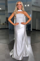 Load image into Gallery viewer, Sparkly White Satin Sheath Strapless Long Prom Dress with Beading