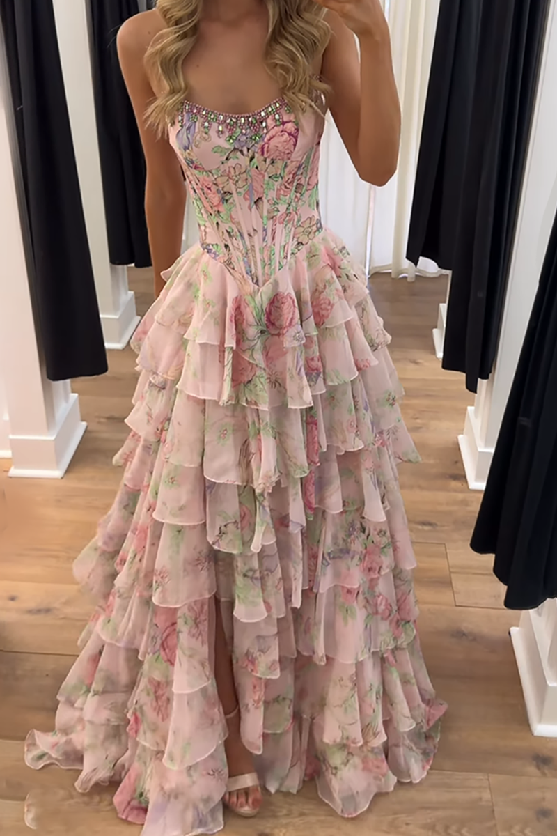 Load image into Gallery viewer, Sparkly Blue Floral Ruffled Long Corset Prom Dress with Slit