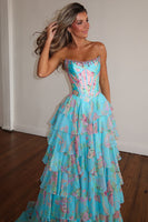 Load image into Gallery viewer, Sparkly Blue Floral Ruffled Long Corset Prom Dress with Slit